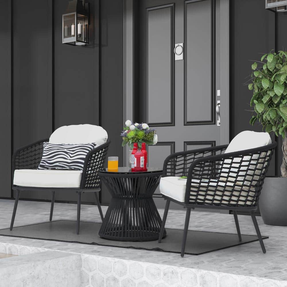 Nuu Garden 3-Piece Aluminum Outdoor Dining Patio Bistro Set with White Cushion - 1