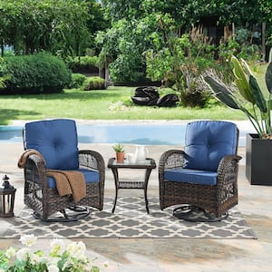 3-Piece Openwork Weaving Wicker Patio Conversation Swivel Rocking Chairs Set with Cushions and Coffee Table
