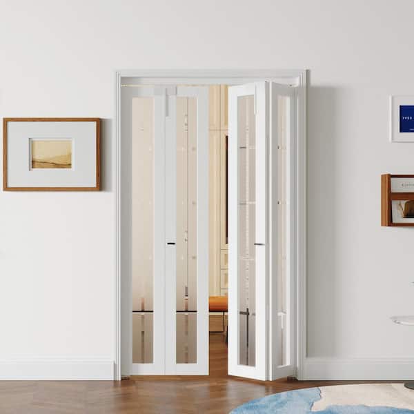 48 in. x 80 in. Frosted Glass, Solid Core, White, 10-Lite, MDF Wood, PVC Covering Bi-Fold Doors with Hardware Kits