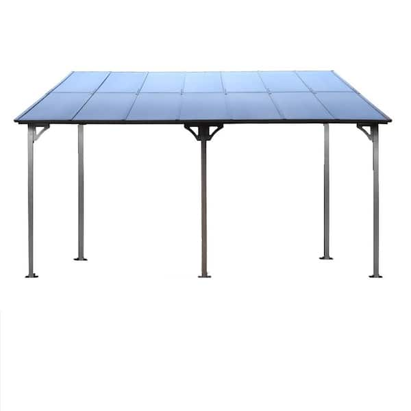 10 ft. x 14 ft. Gray Large Heavy Duty Outdoor Wall-Mounted Lean-to Metal Awning Pergola Gazebo with Roof