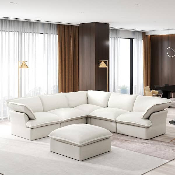 J&E Home 122 in. Flared Arm 5-Piece linen Modular Sectional Sofa in White with Storage Ottoman