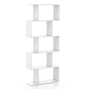 62.5 in. Tall White Wood 5-Tier Bookshelf Geometric S-Shaped Bookcase Room Divider Storage Display Shelf