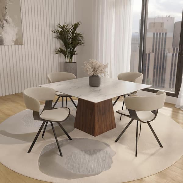 Dining Chair Upholstered in Leather Velvet with Curved Open Back Design and Iron Legs in Dark Walnut/Light Taupe