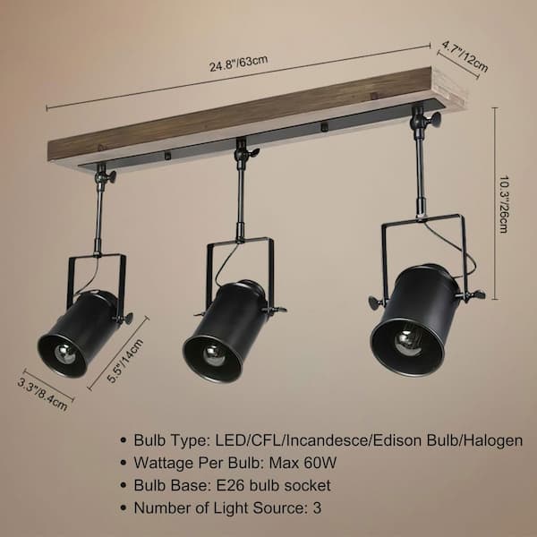 Black Flexible Track Cylinder Lighting Fixture Farmhouse 3-Head Ceiling Spotlight Semi Flush Mount Ceiling Light Fixture