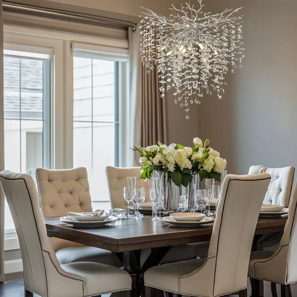 32 in. 10-Light Adjustable Chandelier with Crystal Decoration, Modern Silver Kitchen Island Chandelier, for Living Room