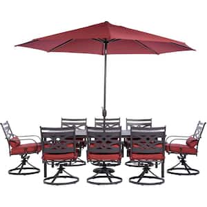 Montclair 9-Piece Steel Outdoor Dining Set with Chili Red Cushions, 8 Swivel Rockers, 42 in. x 84 in. Table and Umbrella