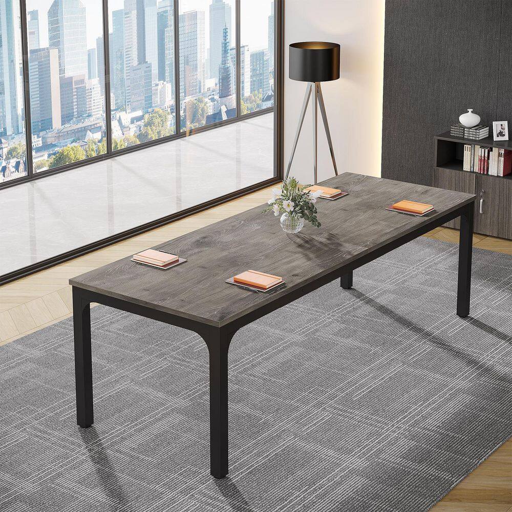 Moronia 78. 7in. Rectangle Gray&Black Wood Conference Table Desk Large Meeting Seminar Table with Metal Frame for Office