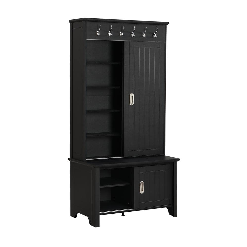35.4 in. W x 19.6 in. D x 70 in. H Black Linen Cabinet with Sliding Doors, 