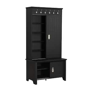 35.4 in. W x 19.6 in. D x 70 in. H Black Linen Cabinet with Sliding Doors, Hangers, Shoe Storage and Adjustable Shelves