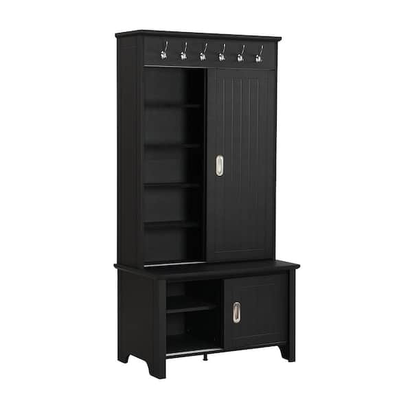 Unbranded 35.4 in. W x 19.6 in. D x 70 in. H Black Linen Cabinet with Sliding Doors, Hangers, Shoe Storage and Adjustable Shelves