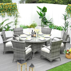 Penny Grey 7-Piece Wicker Outdoor Dining Set with Washed Beige Cushion