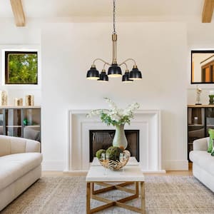 Modern Plated Brass & Black Chandelier with White Inner Shades, 5-Light Contemporary Island Pendant with Bell Globes