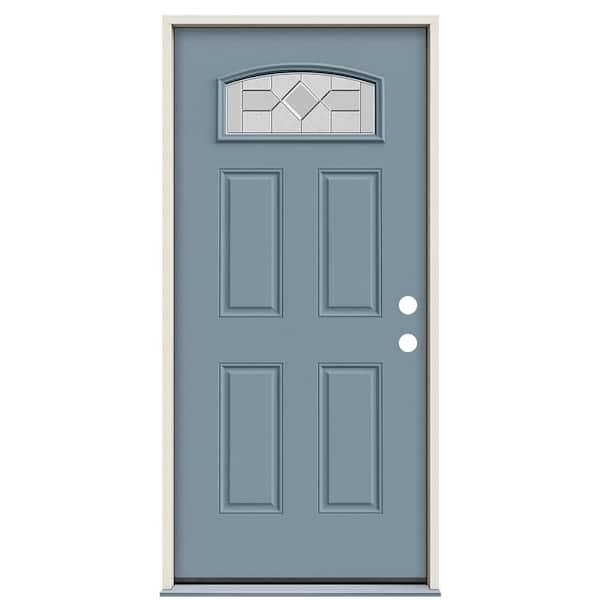 36 in. x 80 in. Left-Hand/Inswing Camber Top 1/4-Lite Caldwell Decorative Glass LightBlue Paint Steel Prehung Front Door