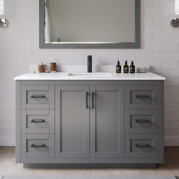 Wyndham Collection Miranda 54 in. W x 22 in. D x 33.75 in. H Single Sink Bath Vanity in Dark Gray with White Cultured Marble Top & Mirror