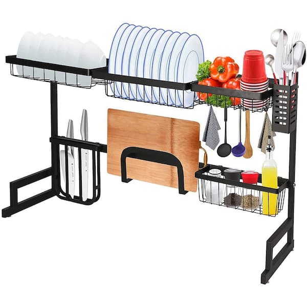 3 Tier Black Stainless Steel Dish Drying Rack Fruit Vegetable Storage Basket with Drainboard and Hanging Chopsticks Cage Knife Holder Wall Mounted