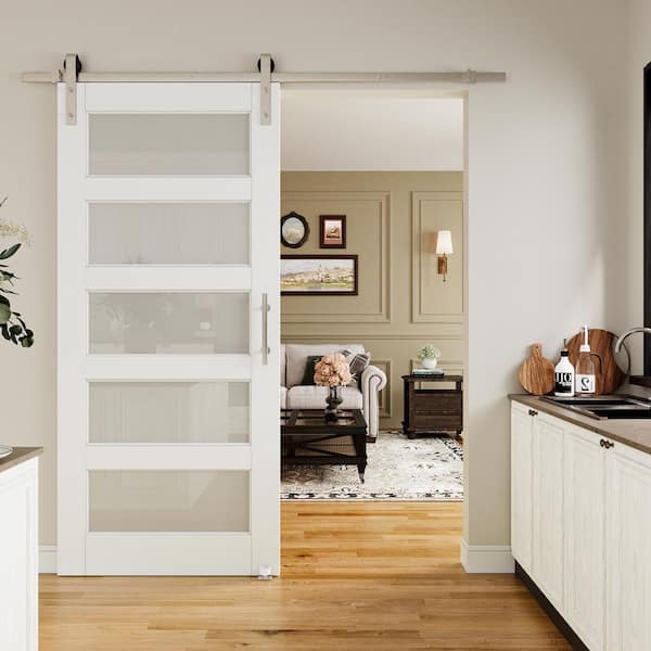 36 in. x 80 in. 5-Lite Tempered Frosted Glass White Finished MDF Sliding Barn Door with Hardware Kit Nickel Plated