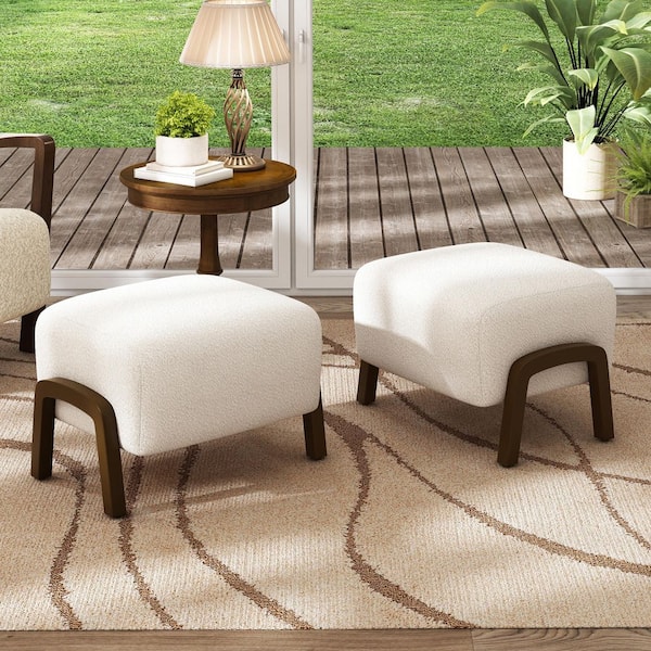 Alpin Modern White and Dark Brown Upholstered Boucle Accent Ottoman with Solid Wood Legs, Set of 2