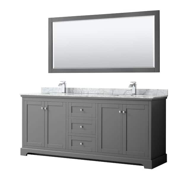 Wyndham Collection Avery 80 in. W x 22 in. D Bath Vanity in Dark Gray with Marble Vanity Top in White Carrara with White Basins and Mirror
