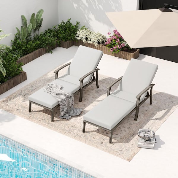 EGEIROSLIFE 2-Piece Dark Gray Aluminum Adjustable Backrest Outdoor Chaise Lounge with Gray Cushions
