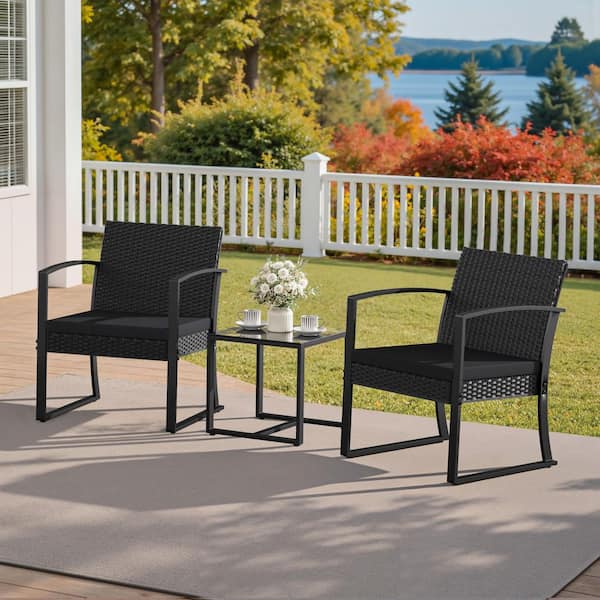 Tozey 3-Pieces Outdoor Patio Rattan-Like Plastic Bistro Set With Table and Black Cushion