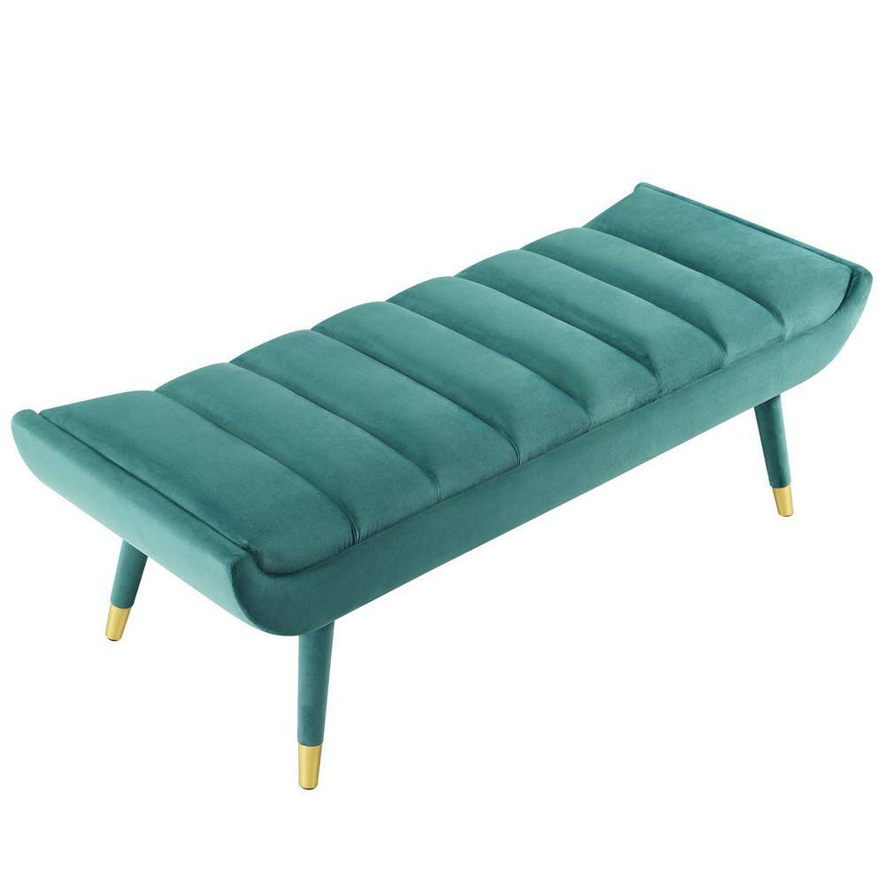 Teal Velvet Channel Tufted Accent Bench with Gold Legs