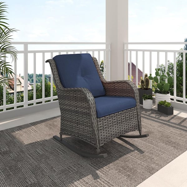 INMITOM Wicker Outdoor Rocking Chair Lounge Chair Patio with Blue Cushion