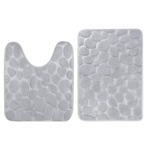 Gray 2-Piece Bathroom Rugs Set Cobblestone Memory Foam Bath Mats Non Slip Absorbent Floor Mat for Tub, Toilet and Floor