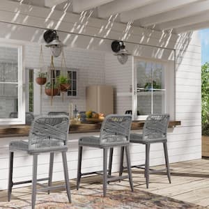 Aluminum Rope-Woven Outdoor Bar Stools with Gray Cushions (Set of 6)