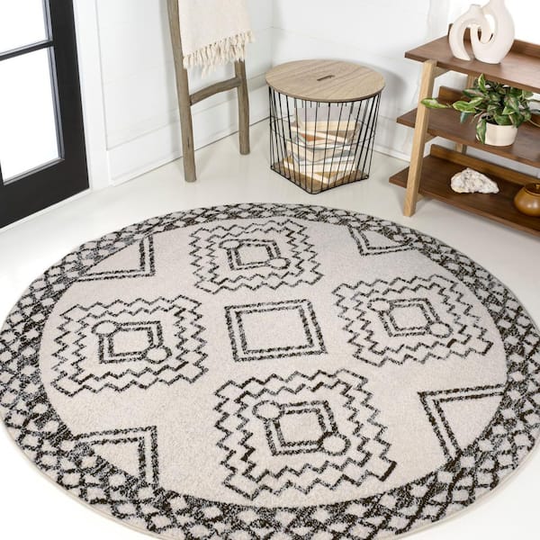 JONATHAN Y Amir Moroccan Beni Souk Cream/Black 7 ft. Round Area Rug