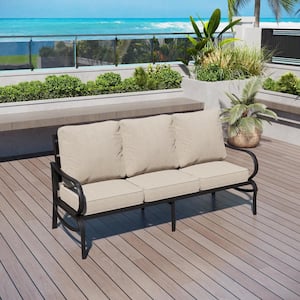 Black Metal Slatted Frame Outdoor Patio 3 Seat Sofa Couch with Beige Cushions