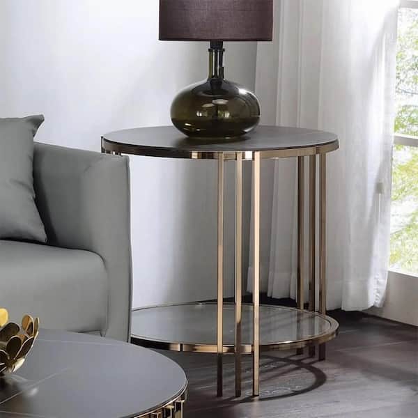 Acme Furniture Zaidee 23 in. Brass Round Faux Marble End Table with No Additional Features