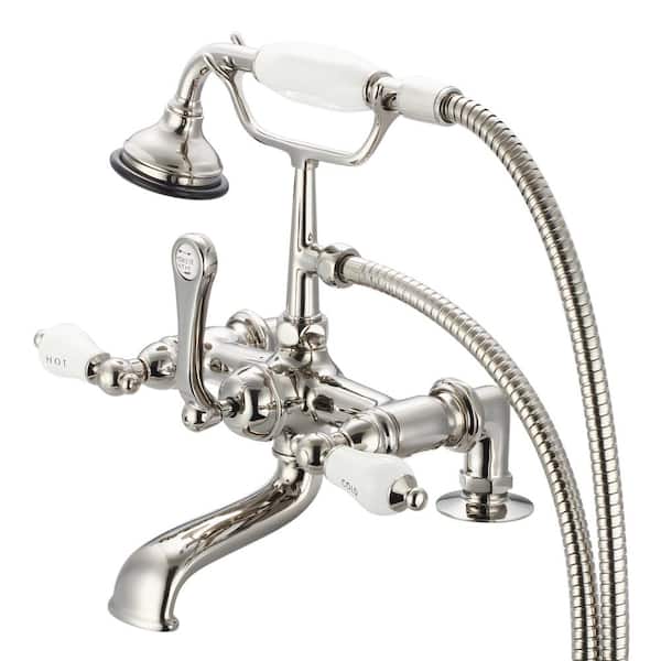 Water Creation 3-Handle Claw Foot Tub Faucet with Labeled Porcelain Lever Handles and Handshower in Polished Nickel PVD