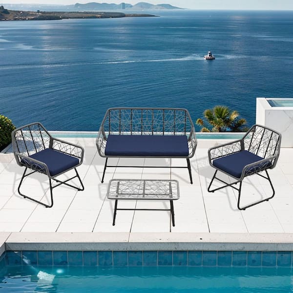4-Piece Wicker Outdoor Patio Furniture Set, Sectional Set with