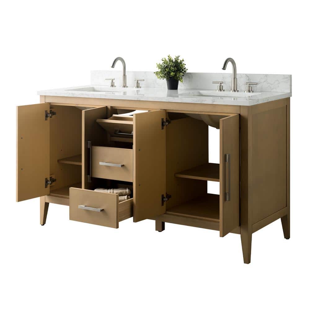 60" Natural Oak Double Sink Freestanding Bathroom Vanity with Engineered Marble Top