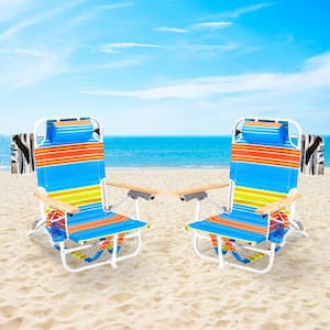 2 PCS Blue Orange Metal Foldable Adjustable Beach Chair with Pillow, Towel, and Storage Pockets, Backpack Beach Chairs