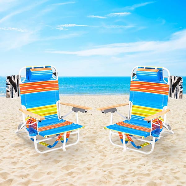 Unbranded 2 PCS Blue Orange Metal Foldable Adjustable Beach Chair with Pillow, Towel, and Storage Pockets, Backpack Beach Chairs
