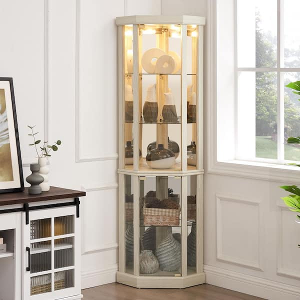 69.85 in. H Oak Corner Curio Cabinet, Glass Display Cabinet, Bar Glass Storage with LED Lights and Adjustable Shelves