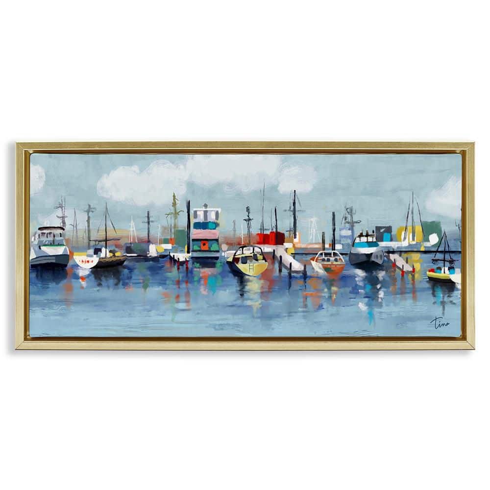 Varied Boats Docked Port Marina by Tina Finn Gold Floater Frame Graphic Art Print Coastal 14 in. x 31 in. price history on PriceWatchPro