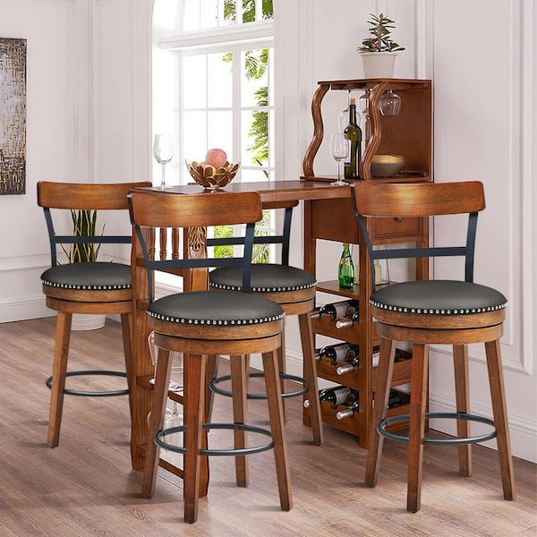 39 in. H BarStool 25.5 in. Low Back Swivel Counter Height Dining Chair with Rubber Wood Legs Brown (Set of 4)