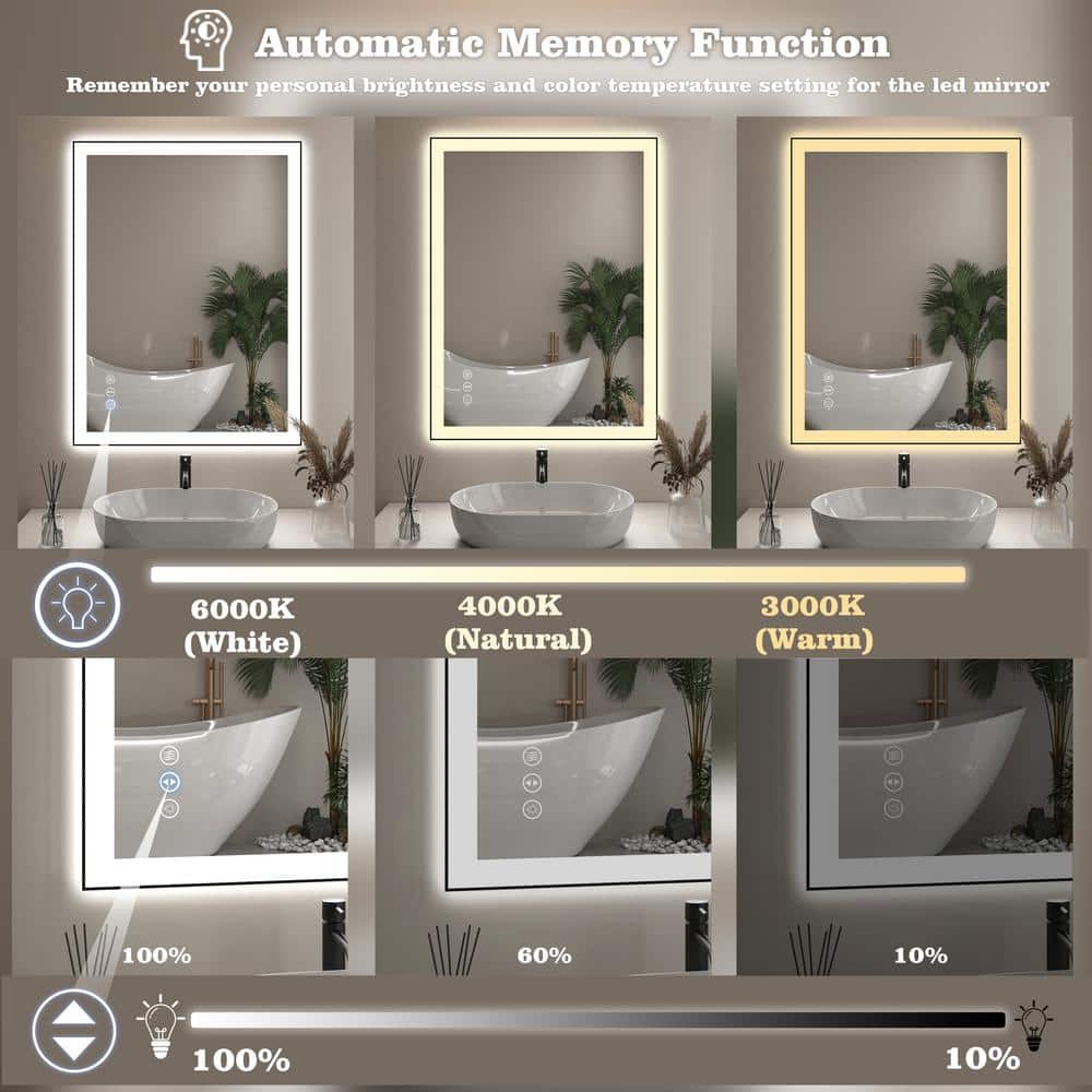 24x32 Inch Black Aluminum LED Vanity Mirror with Anti-Fog