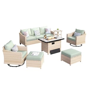 Athenie Biege 7-Piece Wicker Patio Rectangle Fire Pit Conversation Set with Mint Green Cushions and Swivel Chairs