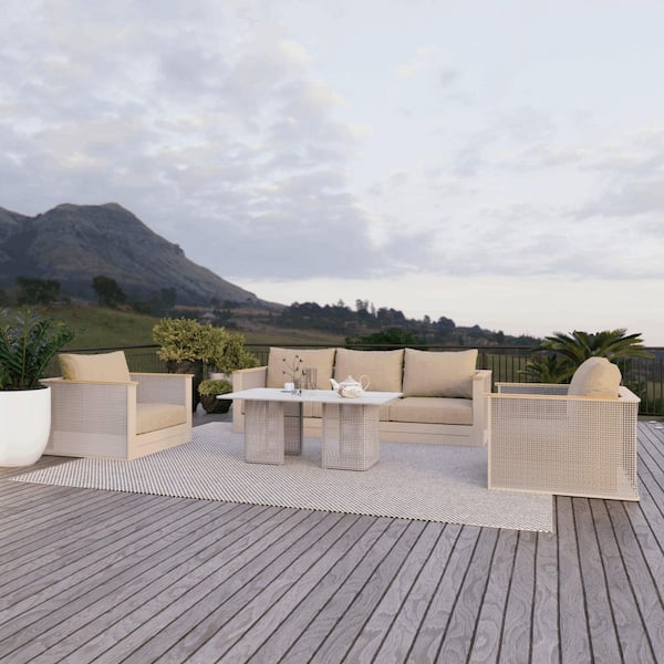 Arvin 4-Piece Outdoor Upholstered Conversation Set with Coffee Table Three Seater Sofa and 2 Accent Chairs in Taupe