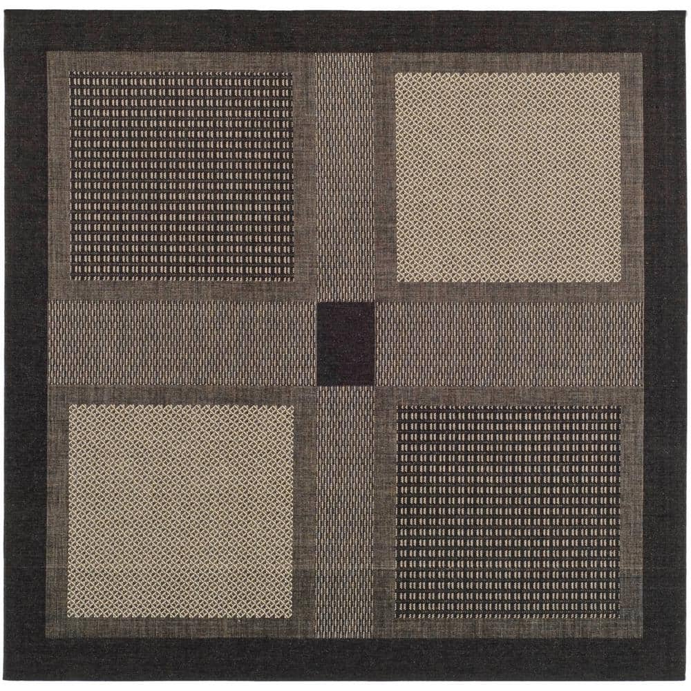 Black and Sand Geometric Synthetic Outdoor Area Rug, 6'-7" Square
