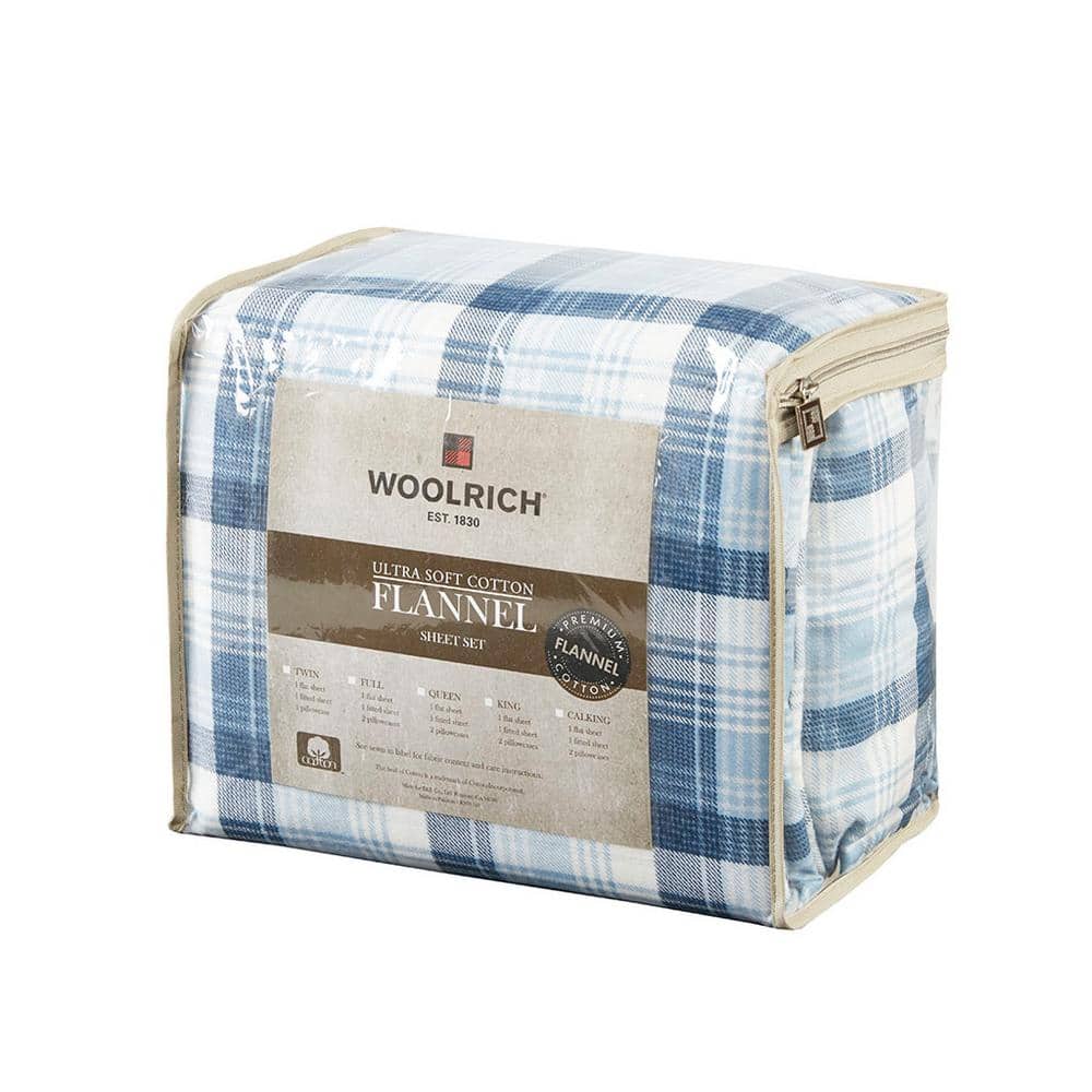 Queen Blue Plaid Cotton Flannel Sheet Set
