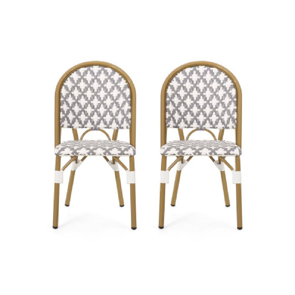 Gray and White Bamboo Print Outdoor Aluminum Bistro Dining Chairs