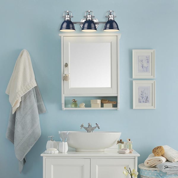 Golden Lighting - Duncan 24.5 in. 3-Light Chrome Vanity Light with Navy Blue Shades