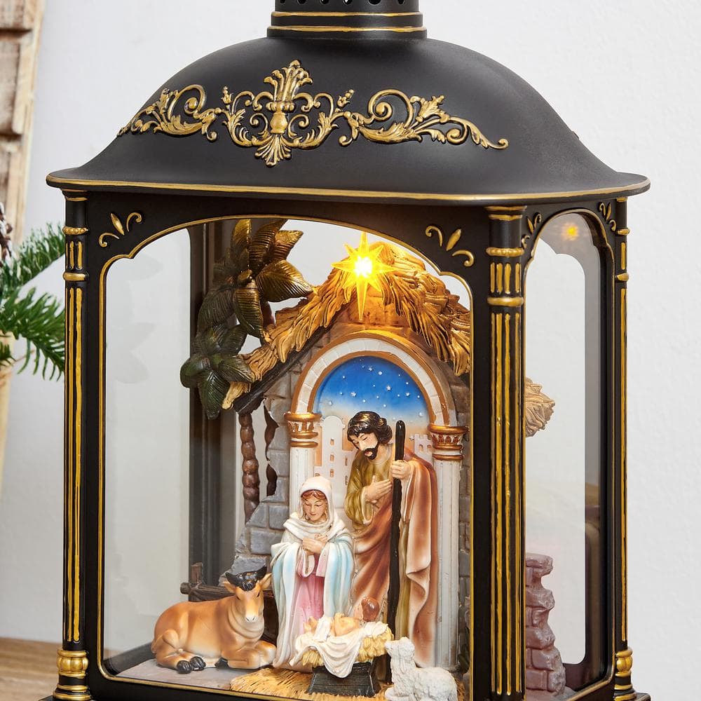 Antique Black and Gold Nativity Diorama Lantern with Light