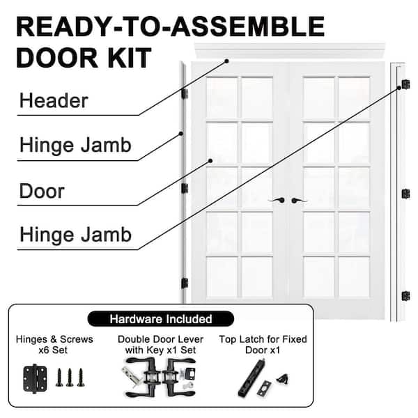 60 in. x 80 in. 10-Lite Clear Glass Universal White Solid Core Glass Double Prehung French Door + Quick Assemble Jamb