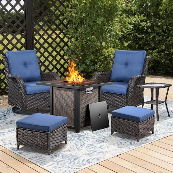Brown Rattan Wicker 6-Piece Outdoor Patio Conversation Set with Blue Cushions, Square Fire Pit Table