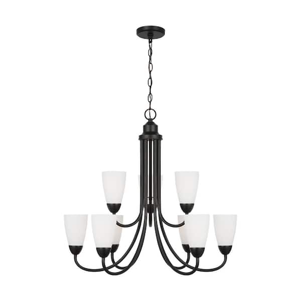 Generation Lighting Seville 28.875 in. 9-Light Midnight Black Transitional Modern Hanging Chandelier with Etched White Glass Shades